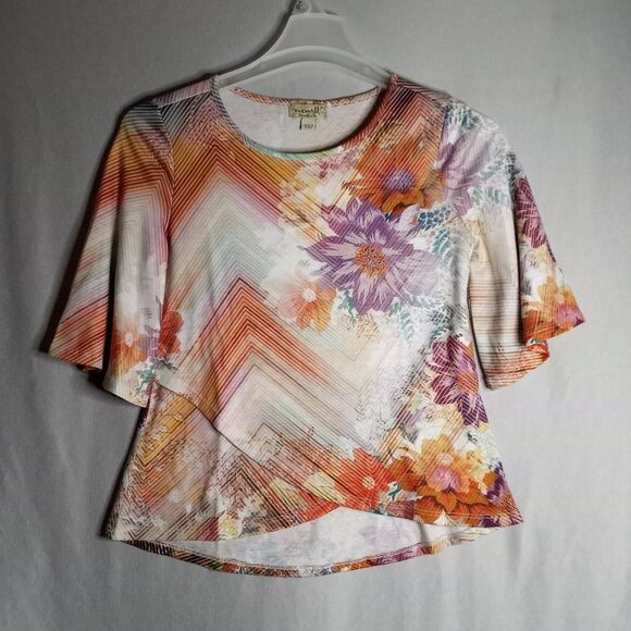One World Live/Let Live Multi Color Bell Half Sleeve Women's Top Size SM Petite - Picture 1 of 7